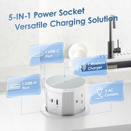 Pop up Socket, Pop up Power Sockets with 15W Wireless Fast Charger, Safe Touchscreen Automatic Pop up Extension Socket with USB & Type C Port for Home Office Kitchen Worktops Desktop, White