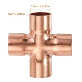 3Pcs 4-Way Copper Cross Union Pipe Fitting for Plumbing Air Conditioning Refrigeration Central Heating Gas Pipework, 15mm