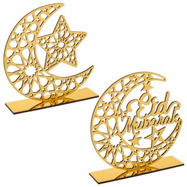 2 Pieces Acrylic Ramadan Decorations Islamic Eid Mubarak Kareem Table Sign Moon Hollow Star Ornament for Muslim Party Tabletop Decor Home Art Craft Decoration Golden Moon