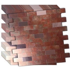 weimeisc 10pcs Peel and Stick Tile Backsplash,Metal Subway Tile Stick on Kitchen Wall Bathroom(12"x10.9"，9.12 sq.ft) (Orange red Print + Pink)