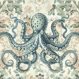 Yzogbry 18"x236" Elegant Illustrative Blue Cream Octopus Flower Peel and Stick Self Adhesive Wallpaper Removable Contact Paper Stick on Easy Peel Off Wall Paper for Kitchen Bedroom Bathroom Renter