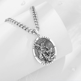 INFUSEU St Michael Pendant for Men Women the Archangel Necklace Saint 925 Sterling Silver Religious Catholic Christian Jewelry Medal Medallions Protection Spiritual Gift San Miguel Arcangel Medalla