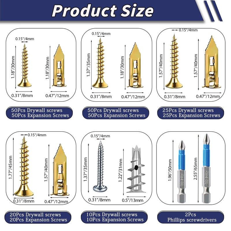 310PCS Self Drilling Drywall Anchors with Screws Kit,5-Sizes Metal Expansion