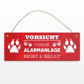 Vorsicht unsere Alarmanlage beißt & bellt Metal Sign in Red Decoration Funny Saying Dog Pet Warning Burglar Dog Friend Gift Idea