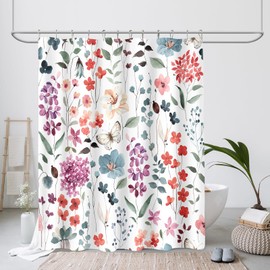 MAYZUS Long Shower Curtain 72 x 78 Inch, Tall Colorful Floral Shower Curtain for Bathroom, Watercolor Flower Butterfly Fabric Shower Curtain Set with Hooks