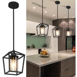 1 Pack Black Pendant Light Fixture Farmhouse Iron Cage Metal Pendant Light Lantern Hanging Light Fixtures with Clear Glass Shade for Kitchen Island, Dining Room, Hallway,Entryway