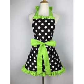 Hyzrz Cute Apron Retro Black Polka Dot Retro Ruffle Side Vintage Cooking Aprons with Pockets for Women Girls (Side Green)