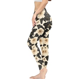 PCSJRKG Flower Printed Yoga Leggings for Women High Waist, Yoga Pants Leggings with Tummy Control, Stretch Women's Workout Leggings for Yoga Gym, Beige and Black, M
