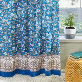 Saffron Marigold Enchanted - Blue Sheer Floral Sheer Curtain Panel Design Tab Top or Rod Opening for Living Room, Kitchen Or Bedroom 100% Hand Block Printed 44 x 84 Inches