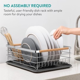 Navaris Dish Rack - Compact Drying Kitchen Board with Drip Tray & Cutlery Holder - Easy to Assemble and Clean Dishes - Sink Drainer Rack - Silver with Wooden Handles