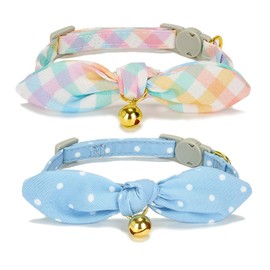 Petiry Cat Collar with Removable Bowtie,Cute Quick Release Kitten Collar with Bell,Checkered and Polka Dots Design,Pack of 2