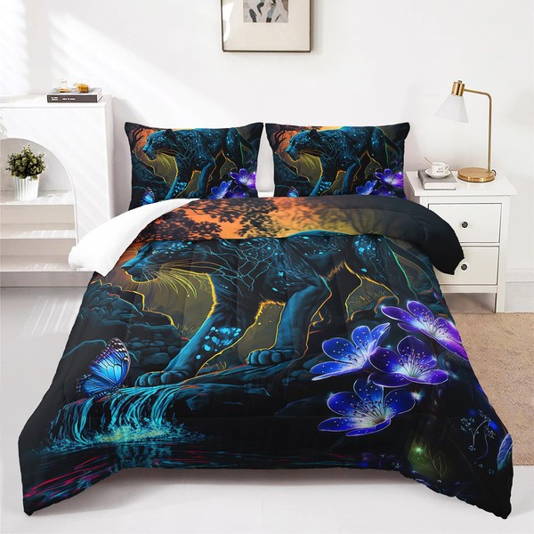 AILONEN Black Panther Comforter Set Twin Size,Glowing Panther Print Bedding