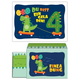 6 Invitation Cards for 4th Children's Birthday Boys Girls Dinosaur Invitations Fourth Birthday Includes 6 Envelopes, 6 Bags / Natural, 6 Stickers
