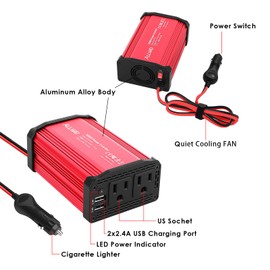 ALLWEI 300W Car Power Inverter DC 12V to 110V AC Power inverters for Vehicles Converter with 4.8A Dual USB AC Car Charger Adapter (Red), SGR-NX3011SK-6