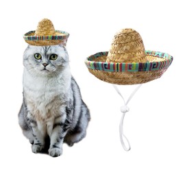 AWOCAN Cat Sombrero Hat Cat Hat Pet Sombrero Hat Cinco De Mayo Mexican Pet Straw Cap with Adjustable Chin Strap(Green)