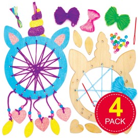 Baker Ross AT721 Wooden Unicorn Dream Catcher Kits - Pack of 4, Create your own Dreamcatcher Kits for Kids Arts and Crafts, Wall Decorations and an Introduction to Sewing, Blue,Green,Pink,Purple