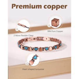 Jeracol 99% Copper Bracelets for Women,Magnetic Bracelet With Heart-shaped turquoise,Adjustable Length with Sizing Tool in Gift Box(Blue)