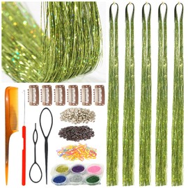 CelineBella Green Hair Tinsel Fairy Hair Extensions Kit Sparkling Shiny Highlights Glitter Fresh Green Tinsel Hair Extensions for Women Girls Children