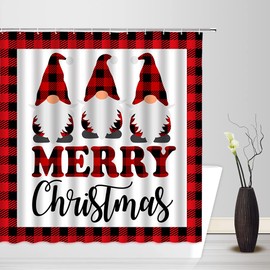 Christmas Gnome Shower Curtain Cute Xmas Folklore Elf Snowman Red Black Buffalo Farmhouse Winter Holiday Festival Fabric Bathroom Decor Curtain with Hooks,70Wx70H Inches