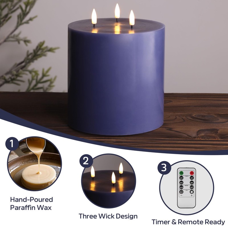 Eywamage Navy Blue 3 Wick Flameless Pillar Candle Φ 6"