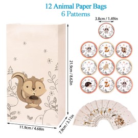 LUERFUN Papiertüten Kinder, 12 Stück Tierische Papier Geschenktüten mit 18 cute Aufkleber, Geschenk-verpackung Papiertüten Kraftpapiertüte zum Verpacken von Geschenken, Kindergeburtstag
