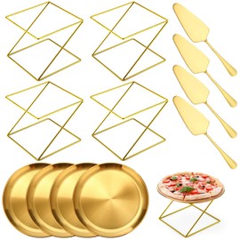 Yiyiring 12 Pcs Pizza Stand Set: 4 Metal Stands, 4 Pizza Pans, 4 Spatulas for Weddings, Party(Gold,Square)
