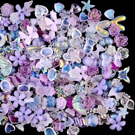 UUYYEO 200 Pcs 3D Assorted Nail Charms Flower Nail Design Charms Nail Art Bows Hearts Flatback Resin Charms Large Nail Gem Stones for Women Girls Purple