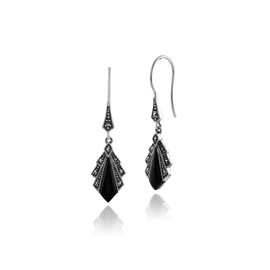 Gemondo 925 Sterling Silver 1ct Black Onyx & Marcasite Art Deco Drop Earrings