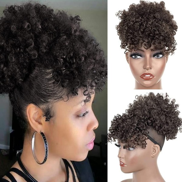 UAmy hair Afro Puff Drawstring Ponytail with Bangs for Women Natural Black Afro High Puff Bun with Bangs Short Afro Kinky Curly Hair Draswstring Pony Tail Hairpieces Up and Down hair Clips in (2#)