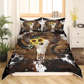 Cow Skull Duvet Cover Set Twin Size,Cow Fur Wooden Plank Farmhouse Bedding Set for Boys Girls Men Room Decor,Cowboy Horseshoe Sunflower Comforter Cover,White Brown Rustic Quilt Cover,1 Pillowcase