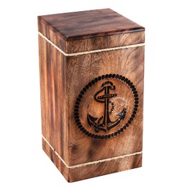 Wooden Cremation Urn for Human Ashes Adult – Anchor Handcrafted Solid Hardwood Burial Urn Box | Large 250 Cu in Capacity | Nautical Memorial Urn with Anchor Engraving for Home Columbarium or Burial