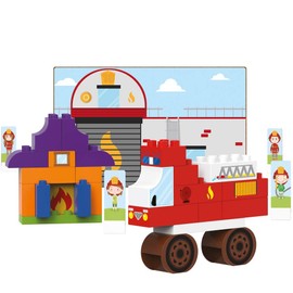 BiOBUDDi BB-0130 Fire Station Building Kit, Biological Building Blocks for Plugging, Compatible with Other Brands, Made of Organic Plastic, 40 Clamping Blocks, Play Background and Cardboard Toy