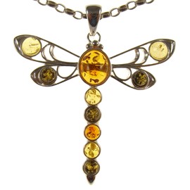 Baltic amber and sterling silver 925 multi-coloured dragonfly pendant (no chain)