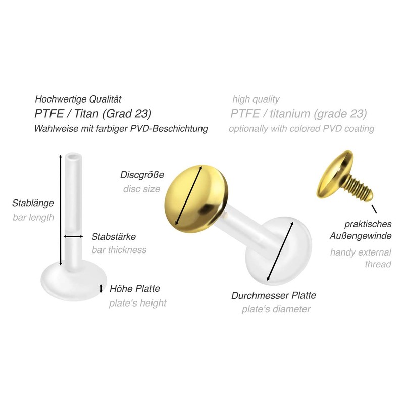 PIERCINGLINE PTFE Labret with Internal Thread Titanium Attachment Screw Disc