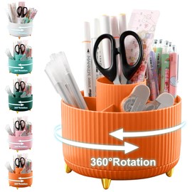 Cayxenful Pen Holder for Desk, 5 Compartments, 360° Rotating Desk Organizer and Accessories, Desk Storage, Stationery Organiser, Cute Pen Cup (Orange)