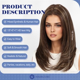 HAIRCUBE Human Hair Wig Lace Front Wig Glueless Wigs Layered Shoulder-Length HairWigs for Women, Brown with Blonde Highlights, Human Hair Blend, 13"×5"×1" HD Lace, 18 Inch Daily Use