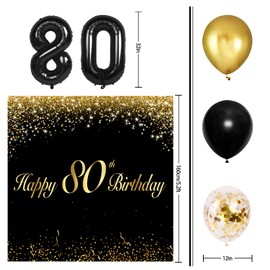 Happy 80th Birthday Balloons Black Set Decor - Cheers to 80 Years Old Party Theme Garland Banner Backdrop Decorations For Women and Men Supplies