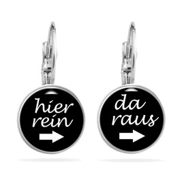 Miss Lovie Funny Earrings Women's Hanging Earrings Here Rein Da Raus Men Handmade Funny Stud Earrings Women's Cabochon Stainless Steel Black Silver, Stainless Steel, Glass