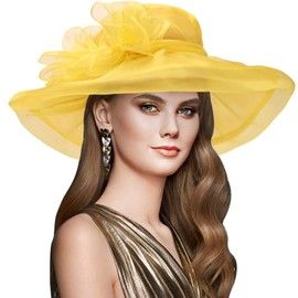 DRESHOW Women Organza Hat Church Cap Hats Cocktail Tea Party Wedding Bridal Flower Hat with Wide Brim
