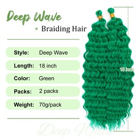 Eerya Long Curly Braiding Hair 18 Inch 2 Packs Green Deep Ocean Wave Crochet Hair for Black Women Deep Wave Braiding Hair for Boho Braids (18 inch, green)