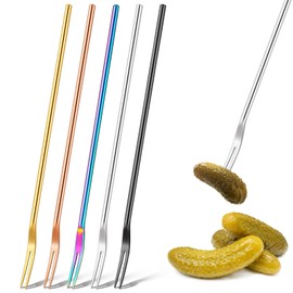 Yexiya 5 Pcs Pickle Fork, 8.66 Inches Long Handle Olive Fork 304 Stainless Steel Pickle Picker Grabber Tool for Jar Cocktail Dessert Fruit, 2 Prong(Multicolor)