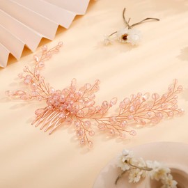 Teyglen Dainty Pink Rhinestones Crystal Bride Wedding Hair Comb Headband Hair Accessories with Rhinestones Crystals Bridal Side Hair Combs for Women Bride Girls (Pink)