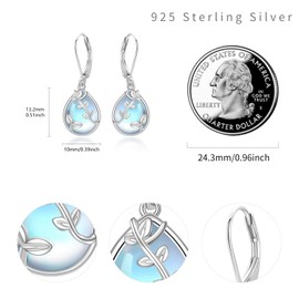 TANGPOET Moonstone Earrings Silver 925 Hanging for Women Leaf Moonstone Leverback Earrings Moonstone Teardrop Earrings Filigree Jewellery Mother's Day Christmas New Beginning Gifts for Her, White