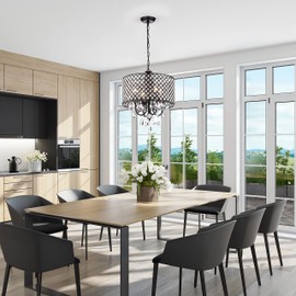 Edvivi Marya Drum Crystal Chandelier, 4 Lights Glam Lighting Fixture with Black Finish, Adjustable Ceiling Light with Round Crystal Drum Shade, Dining Room Light for Living Room, Bedroom, Kitchen