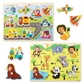 GSrenyu Wooden Jigsaw Puzzles for 1 2 3 Year Olds, Wild Animals & Transport Peg Puzzles, Educational Learning Toys for Girls Boys Toddler Puzzles Gifts