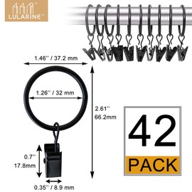 42 Pack Curtain Rings with Clips 1.26" Interior Diameter,Metal Drapery Ring with Clips Compatible with up to 1 inch Drapery Rod,Strong Vintage Decorative Rustproof Drapery Ring with Hooks(Black)