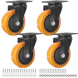 Finnhomy 4” Inch Swivel Casters Wheels Set of 4 Plate Casters Heavy Duty Premium Polyurethane PU Wheels for Furniture/Workbench Load Bearing 2,600 Lbs Anti-wear Smooth Casters Orange (Free Screws)