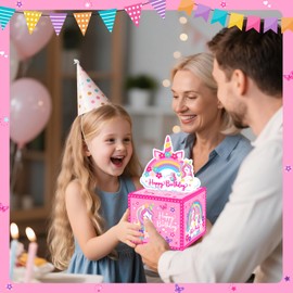 Meiidoshine Birthday Money Box for Cash Gift Pull, Pink Surprise Money Gift Boxes for Girls, Money Roll Box with 50Pcs Transparent Bags, A Fun and Loving Way to Gift Cash for Birthdays