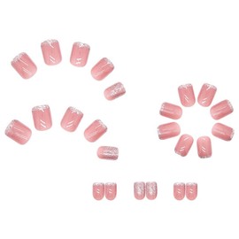 SINLOV Short Square Fake Nails Pink Nude French False Nail Glossy Sequins Full Cover False Nails Press on False Nails for Women and Girls
