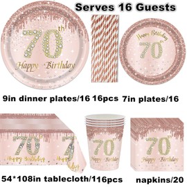 70th Birthday Party Supplies-Complete Pack 70th Birthday Party Tableware Set Rose Gold 70th Birthday Party Plates Cups Napkins Straws Tablecloth Serves 16 for 70th Birthday Party Decorations
